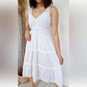 Cottagecore Boho Clean Girl Romantic White Cotton V Neck Tiered Dress S Crochet